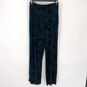 Citiknits Floral Print Elastic Waist Wide Leg Pants Blue Black Women's Size XS
